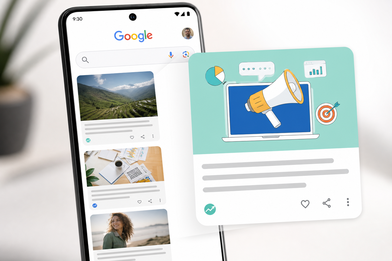 פיד גוגל Discover מציג תוכן מאתר נישה על שיווק דיגיטלי.